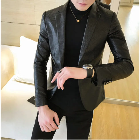 Stylish Slim Fit PU Leather Blazer Jackets for Men - Casual Business Suit Coats in 4XL Size for Autumn and Winter Wear