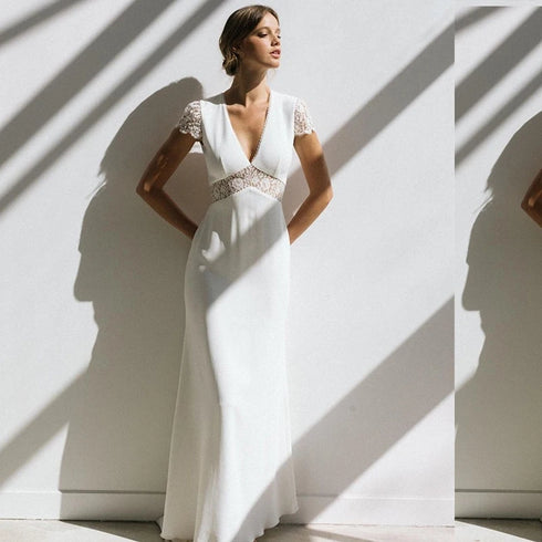 Vintage Boho Wedding Dress Short Sleeve Mermaid Backless Lace Train