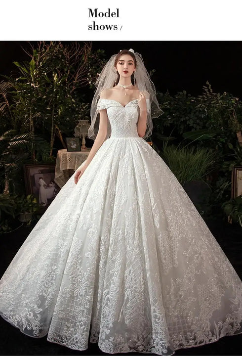 Wedding Dress Elegant Boat Neck Gown with Train Luxury Lace