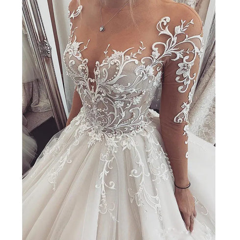 Customized Lace Wedding Dress with Sheer Long Sleeves A-Line Gown