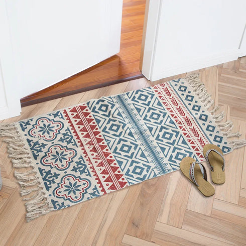 Ethnic Style Woven Linen Cotton Rectangle Rug Mat for Living Room and Bedroom Foot Pad