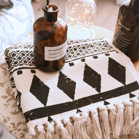 Ethnic Style Woven Linen Cotton Rectangle Rug Mat for Living Room and Bedroom Foot Pad