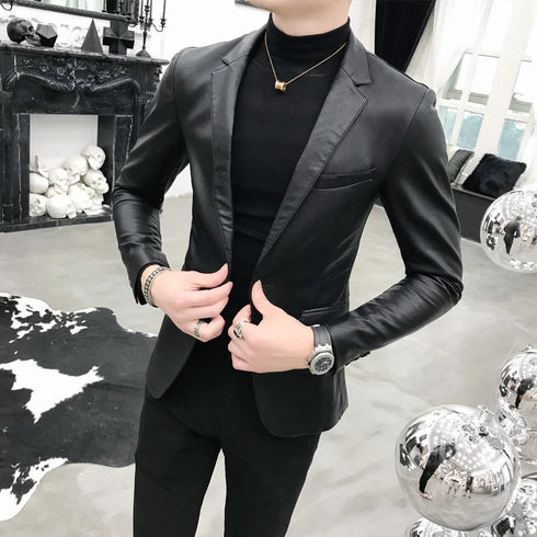 Stylish Slim Fit PU Leather Blazer Jackets for Men - Casual Business Suit Coats in 4XL Size for Autumn and Winter Wear