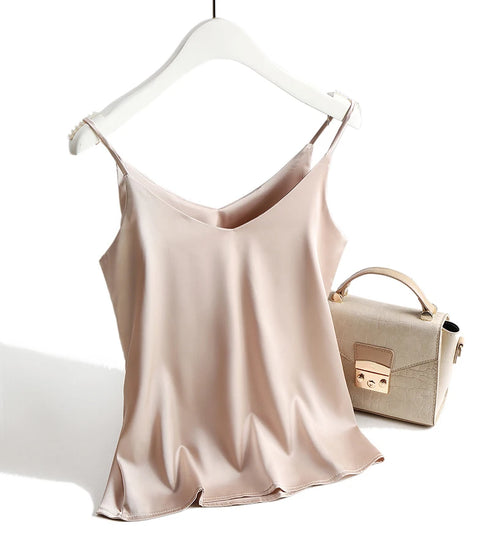 Spaghetti Strap Satin Silk Tank Top Women Sleeveless Halter V Neck Camisole Summer Casual Cami