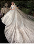 Wedding Dress Elegant Boat Neck Gown with Train Luxury Lace