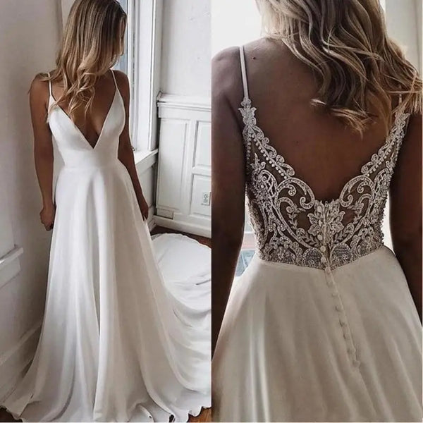 Modern Simple A Line Chiffon Beach Wedding Dresses Lace Boho Gowns Plunge V Neckline Beading Bride