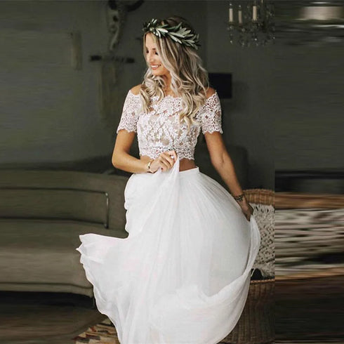 Charming Customized Boho Wedding Gowns Lace Two Pieces Top Bateau Neckline Beach Bride Dresses