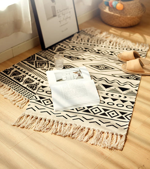 Ethnic Style Woven Linen Cotton Rectangle Rug Mat for Living Room and Bedroom Foot Pad