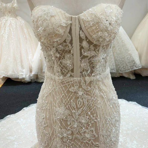 Crystal Beaded Mermaid Wedding Dress Full Lace Appliques Bridal Gown