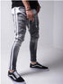 Men's Skinny Denim Biker Jeans with Ripped Pencil Design and Side Stripes - Trendy Hip-Hop Slim Trousers for Stylish Outfits
