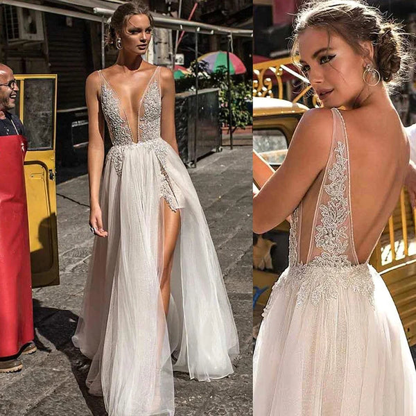 Boho Wedding Dress Sexy V Neck High Split Tulle Gown