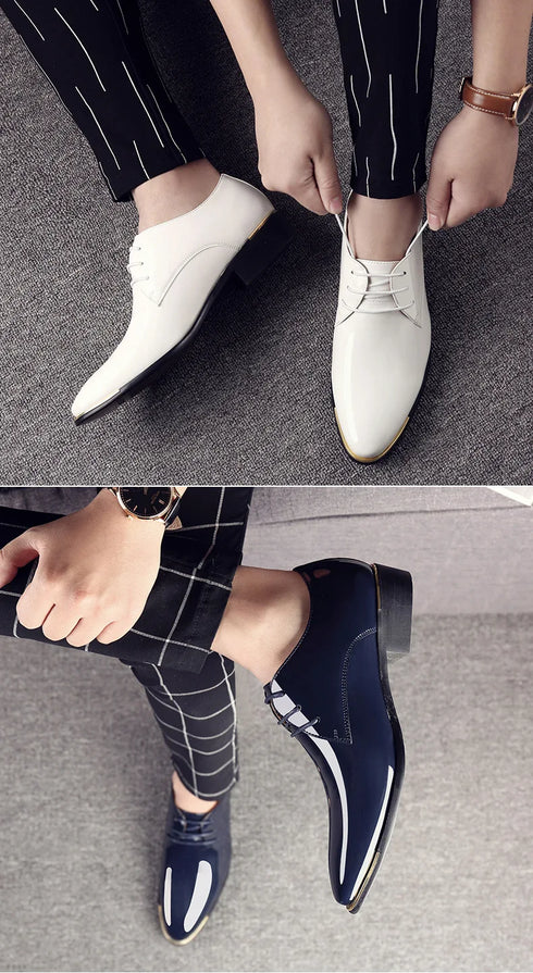 Men's Pointed Toe Patent Leather Dress Shoes - Elegant Lace-Up Styles for Weddings and Business Events