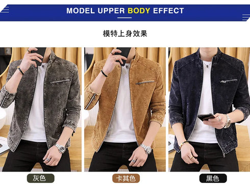 Men's Retro Motorcycle Denim Jacket with Stand Collar, Long Sleeve Zippered Casual Outerwear for Spring and Autumn Fashion