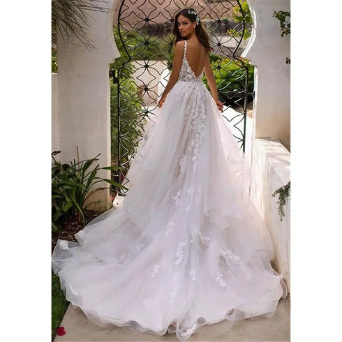 Long Boho A-Line Backless Wedding Dress with 3D Flowers