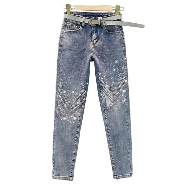 Women's Rhinestone Skinny Jeans, High Waist Denim Overalls