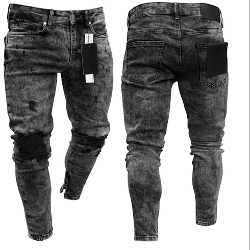 Men's Distressed Ripped Biker Jeans - Slim Fit Moto Denim Pants