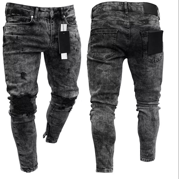 Men's Distressed Ripped Biker Jeans - Slim Fit Moto Denim Pants