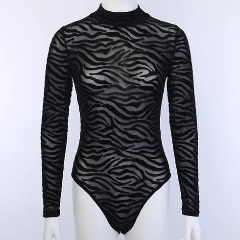 Mesh Transparent Sexy Long Sleeve Bodysuit for Women Party and Club Wear