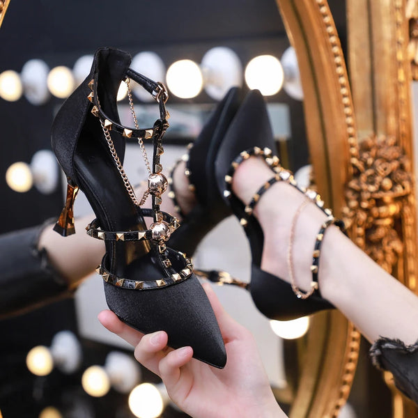 Spring Summer Black High Heels with Thin Rivets Pumps for Women
