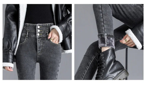 Warm High-Waist Fleece-Lined Skinny Jeans for Women - Perfect for Casual Fall Outfits and Stylish Pencil Pants Looks