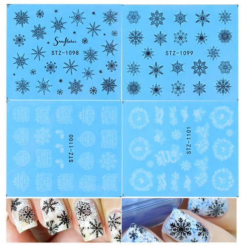 Winter Wonderland Nail Art Stickers with Snowflakes, Cute Santa, Snowman, and Winter Birds for Festive Manicure Decoration - 4pcs Set of Water Transfer Sliders and Temporary Tattoos