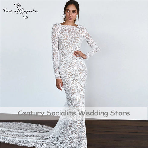 Backless Mermaid Wedding Dresses Boho Long Sleeve Lace Bridal Gown