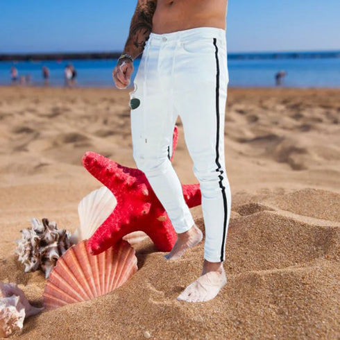 Stripes for Jeans Bike Skinny Jeans Men Stretch Denim Trousers