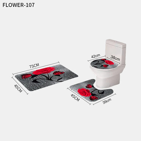 Red Rose and Butterfly Bathroom Mat and Shower Curtain Set Waterproof Eco-Friendly Design