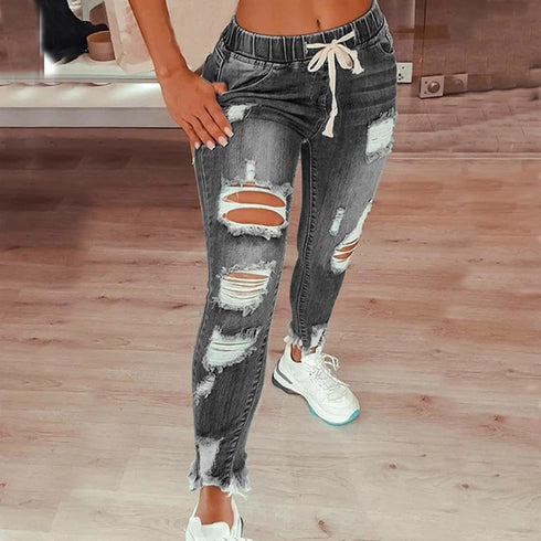 Casual Drawstring Denim Jeans for Women - Ripped Hole Stretch Skinny Pencil Pants Perfect for Fall Outfits Jeans and Homecoming Events