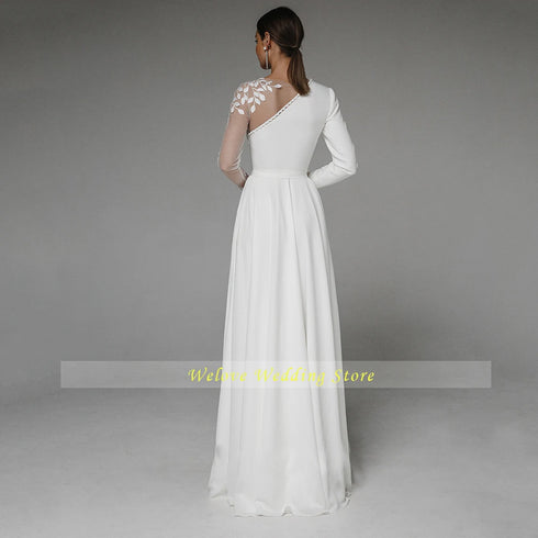 Asymmetrical Side Slit Wedding Dress Long Sleeve Bridal Gown