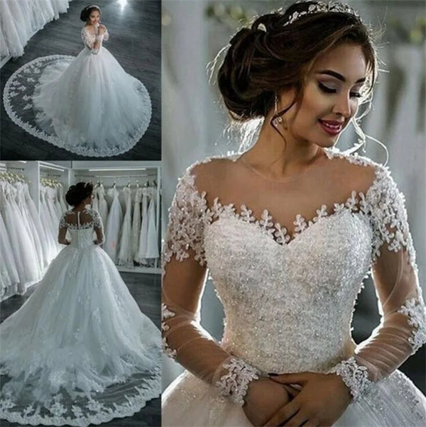 Customized Vestidos De Noiva Elegant A-Line Wedding Dress Appliques Beaded Lace Gowns