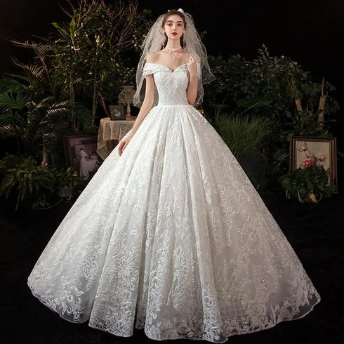 Wedding Dress Elegant Boat Neck Gown with Train Luxury Lace
