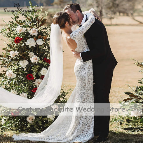 Backless Mermaid Wedding Dresses Boho Long Sleeve Lace Bridal Gown
