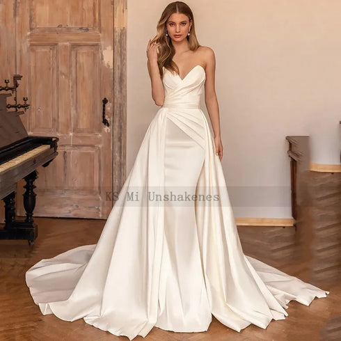 Elegant Ivory Detachable Train Wedding Dresses Mermaid Satin Gown