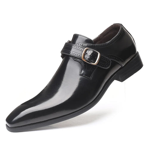 Italian Style Genuine Leather Men's Slip-On Dress Shoes with Buckle - Formal Footwear
