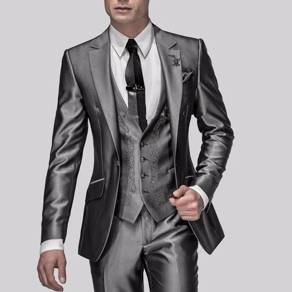 Shiny Grey Men Suits With Embroidery Tuxedos Wedding Blazer Sets