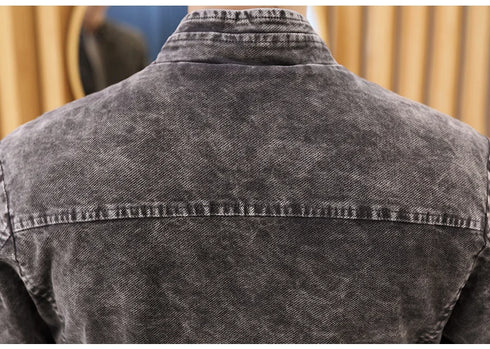 Men's Retro Motorcycle Denim Jacket with Stand Collar, Long Sleeve Zippered Casual Outerwear for Spring and Autumn Fashion