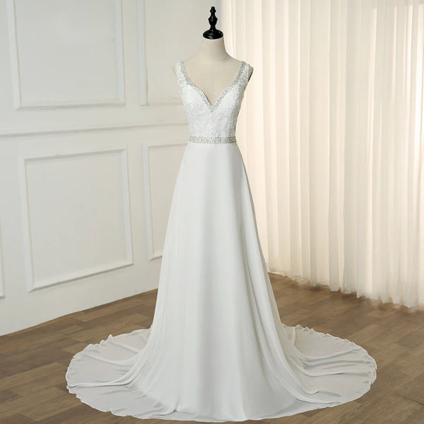 Boho Beach Wedding Dress With Beading Appliques Double V Neck Sleeveless Backless A Line Chiffon Gown Wedding Dress