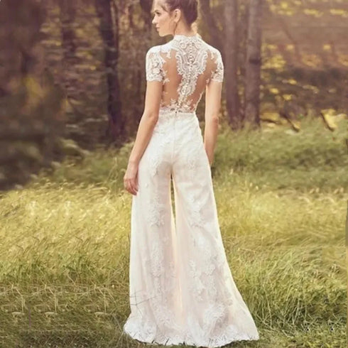 Chic Lace Applique Jumpsuit Wedding Dress with Illusion Back and Short Sleeves for Modern Brides