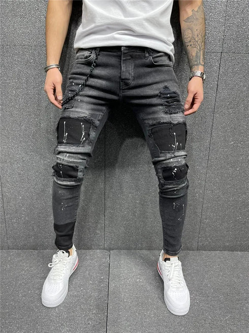 Men's Distressed Ripped Biker Jeans - Slim-Fit Pencil Denim Trousers with Zipper Detail