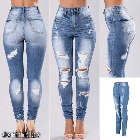 Fashion High Waist Skinny Ripped Jeans for Women S-3XL