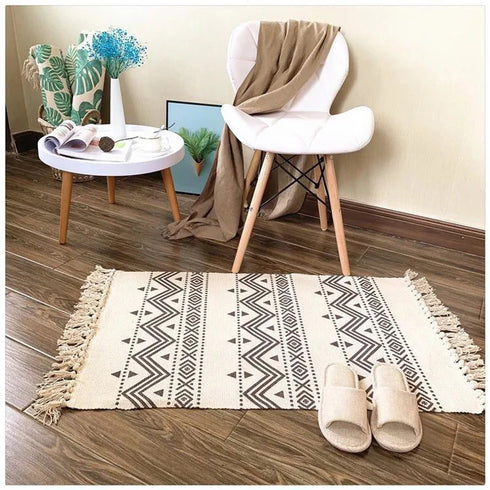 Ethnic Style Woven Linen Cotton Rectangle Rug Mat for Living Room and Bedroom Foot Pad