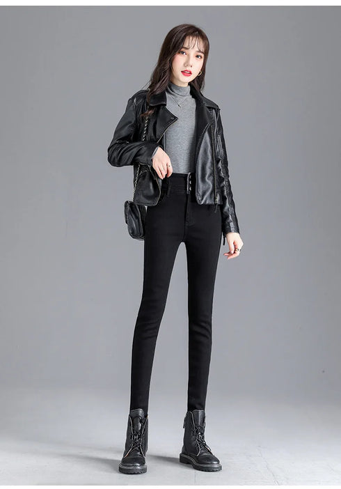 Warm High-Waist Fleece-Lined Skinny Jeans for Women - Perfect for Casual Fall Outfits and Stylish Pencil Pants Looks