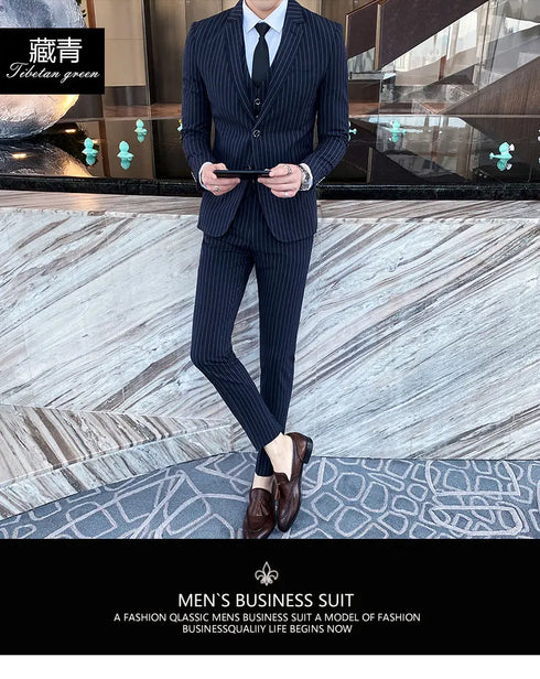 ( Jacket + Vest + Pants ) Prom Groom Tuxedos Male Wedding Suits 3Pcs Set Men's Striped Casual Business Suit