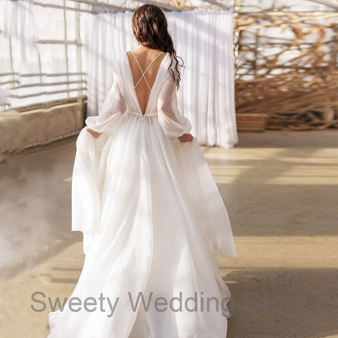 Jiayigong Modest Bridal Gowns Puff Sleeves A Line Wedding Dress