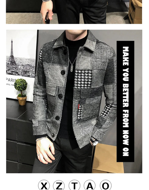 Men's Casual Lapel Hoodless Jacket - Slim Fit Plaid Woolen Coat for Autumn and Winter Fashion
