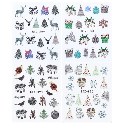 Winter Wonderland Nail Art Stickers with Snowflakes, Cute Santa, Snowman, and Winter Birds for Festive Manicure Decoration - 4pcs Set of Water Transfer Sliders and Temporary Tattoos