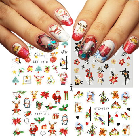 Winter Wonderland Nail Art Stickers with Snowflakes, Cute Santa, Snowman, and Winter Birds for Festive Manicure Decoration - 4pcs Set of Water Transfer Sliders and Temporary Tattoos