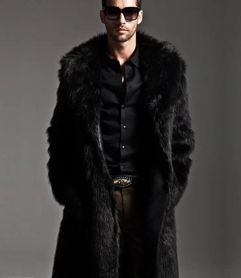 Men's Faux Fur Long Overcoat with Large Lapel for Autumn and Winter Fashion - Thick Turn-Down Collar Jacket for Daily Wear
