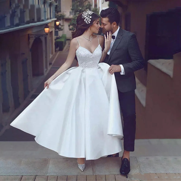 A-Line Satin Bridal Gown With Spaghetti Straps And Lace Appliques Ankle-Length Wedding Dress